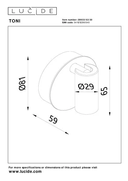 Lucide TONI - Spot mural / Applique mural Rechargeable - Batterie/Piles - Ø 8,1 cm - LED Dim. - CCT - 1x2W 2700K/4000K - Magnétique - Noir - technique